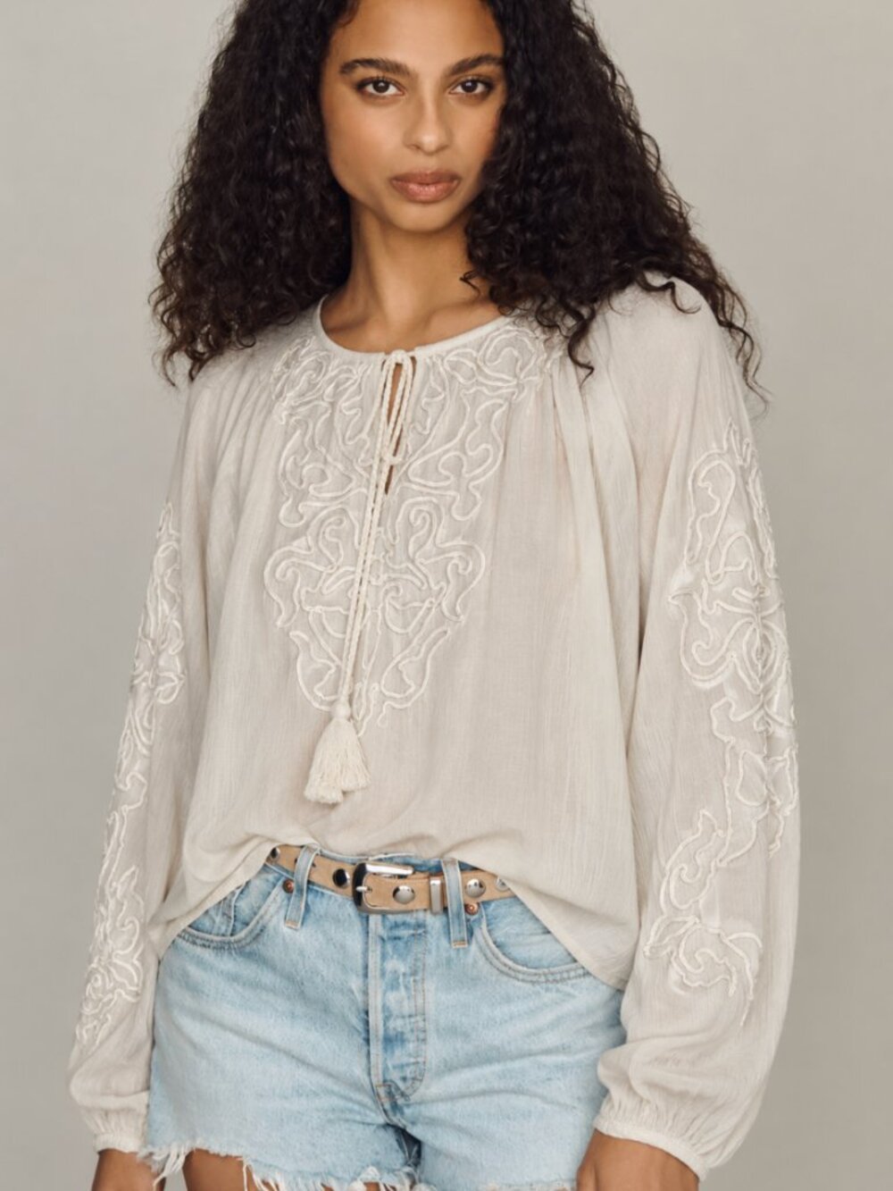 SUNDANCE SOUTACHE TRIM PEASANT BLOUSE